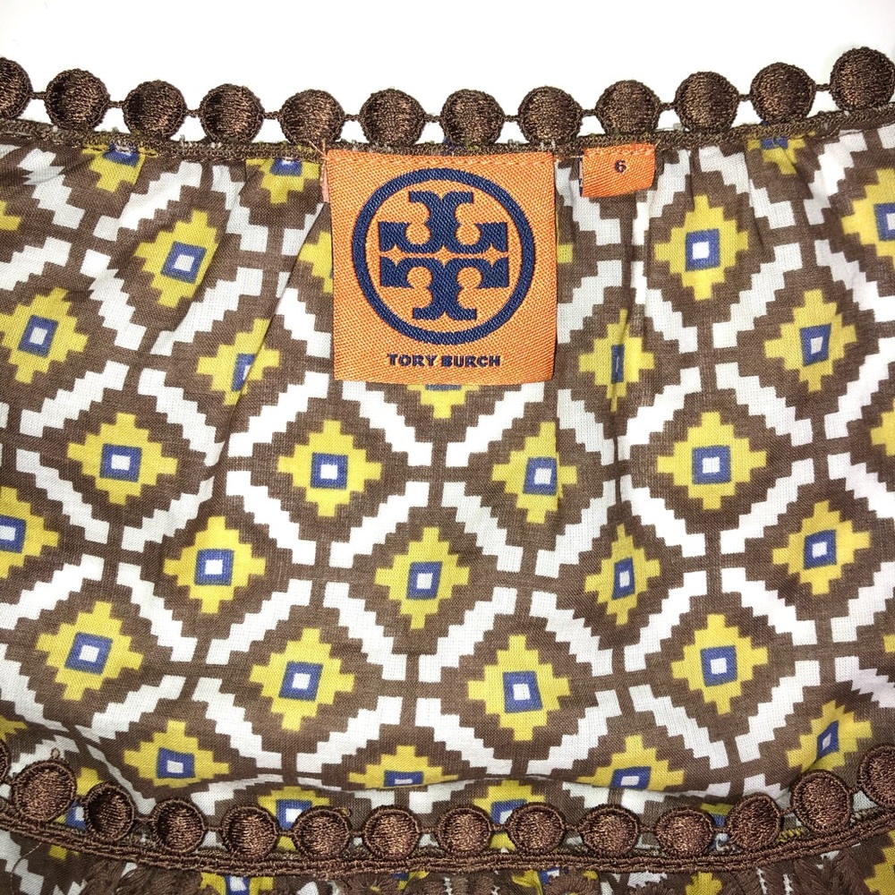 Tory Burch Brown Yellow Diamond Geometric Pattern Embroidered Trim Top Size 6 - Picture 4 of 7
